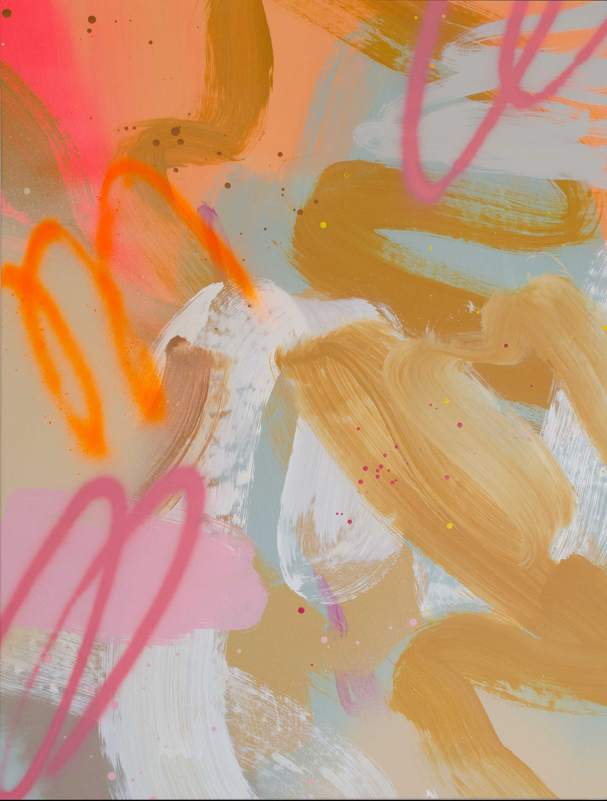 Abstract painting with a blend of warm colors like orange, gold, and pink, with brush strokes that create a sense of movement and texture.