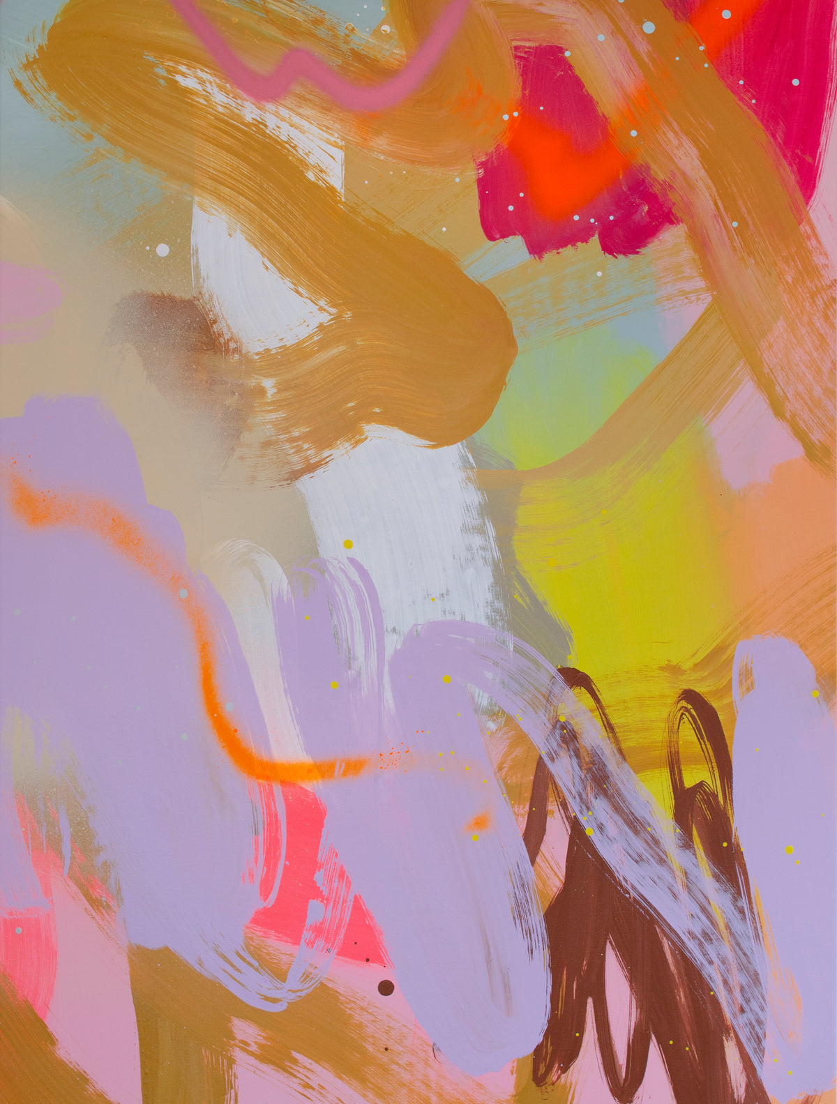 Abstract painting with a blend of ochre, pink, yellow, and brown tones, with gestural brushstrokes and spray on canvas.